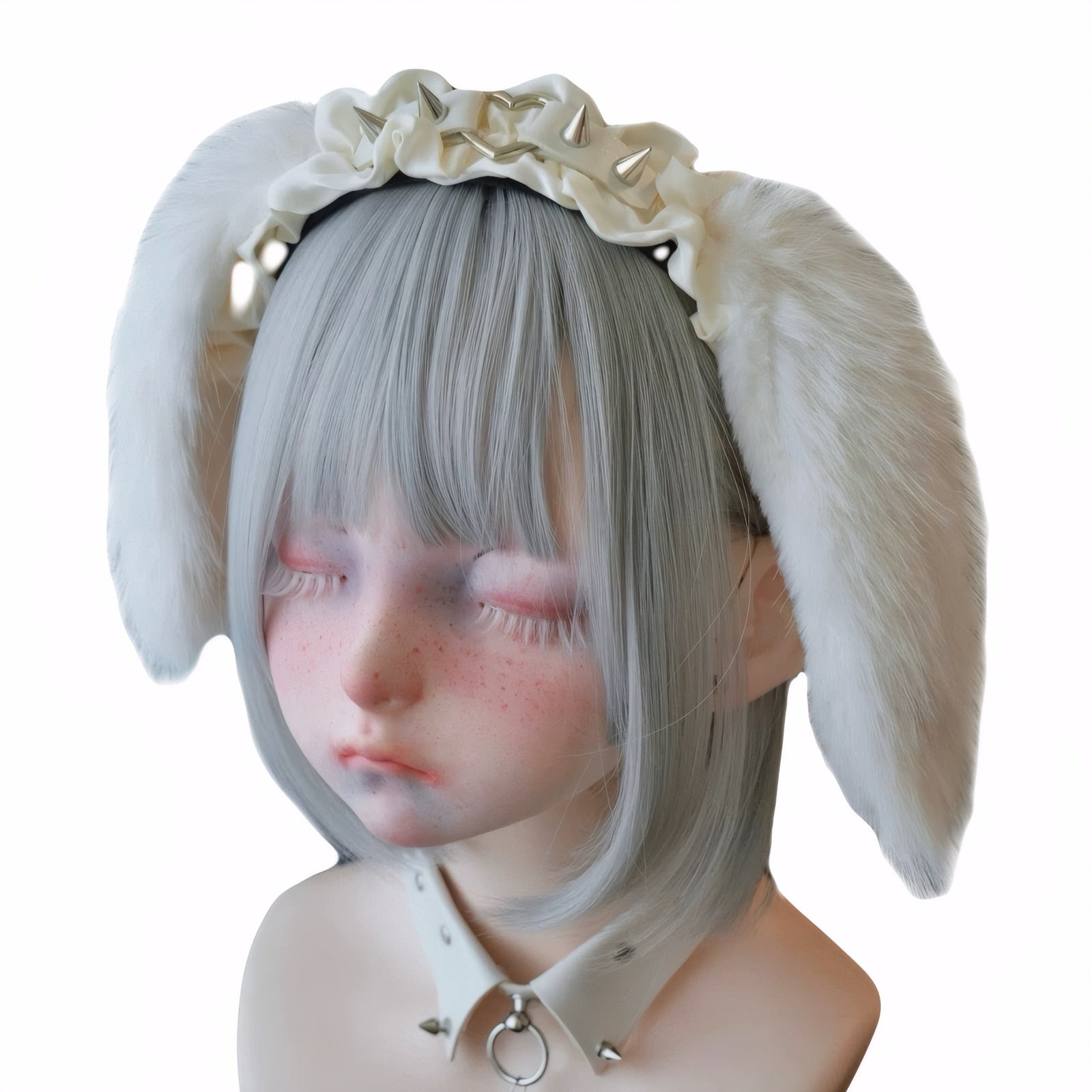 spiked hairband white plush ears alternative fashion kawaii accessories, yami kawaii lolita cosplay fluffy bunny ears